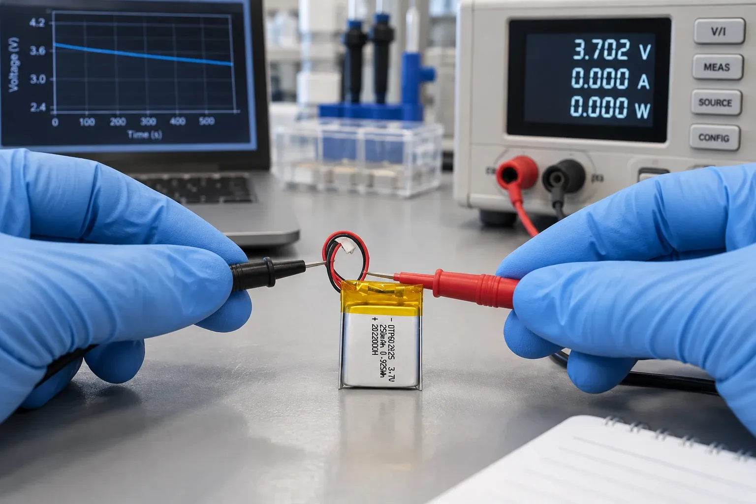 Small LiPo pouch cell electrical testing in a battery engineering lab