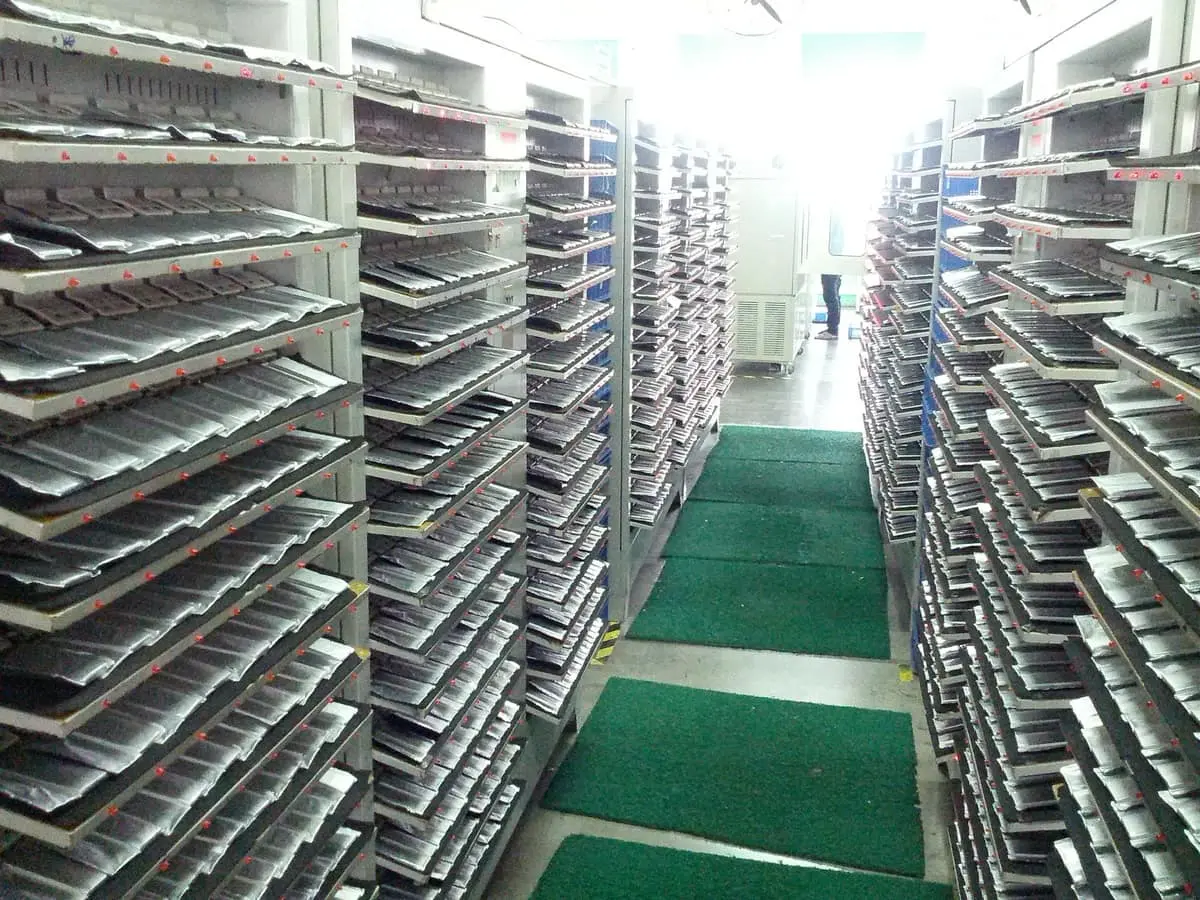 Racks of chargers running the formation cycle.